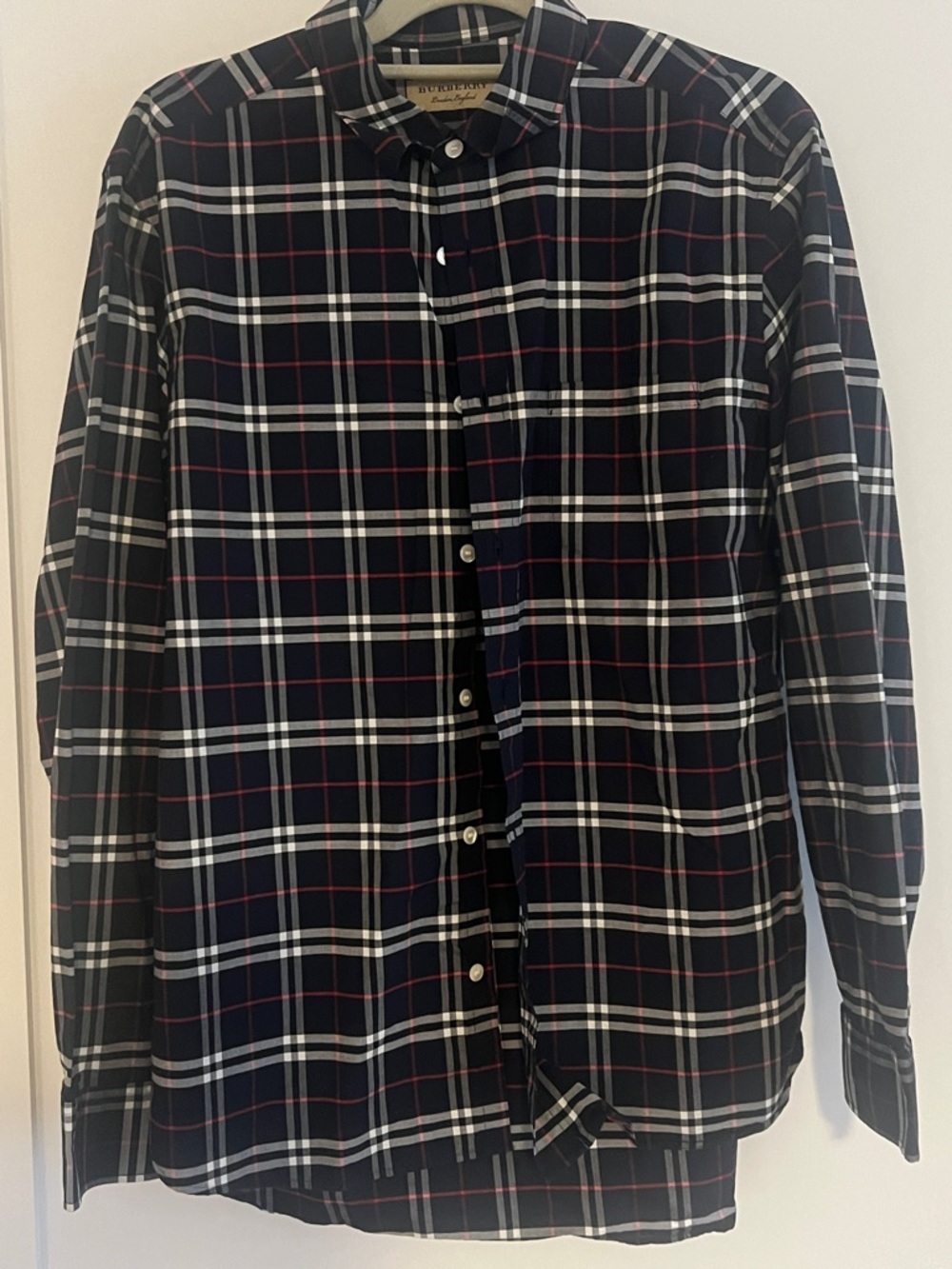 Burberry Navy Blue Plaid Button-Down Shirt with White and Red Accents